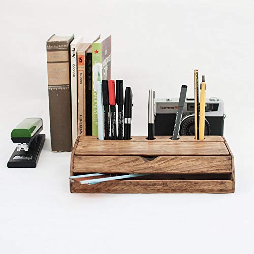 Wood desk organizer - Vintage style walnut office desk organization - Classic wood Stationery storage box - Thumbnail 2