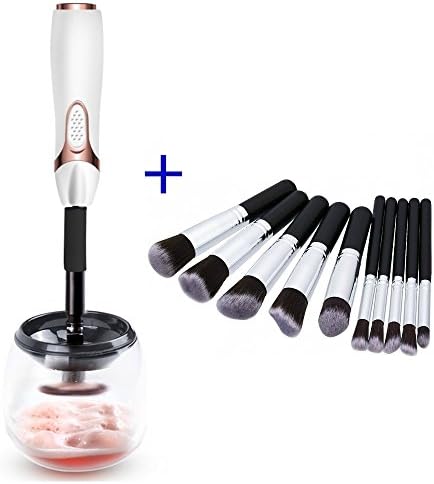 Makeup Brush Cleaner Bundle with 10 Pcs Professional Foundation Blending Brushes Set by Elite Edge | Electric Brush Cleaning Machine and Dryer | Clean and Dry Makeup Brushes in Seconds