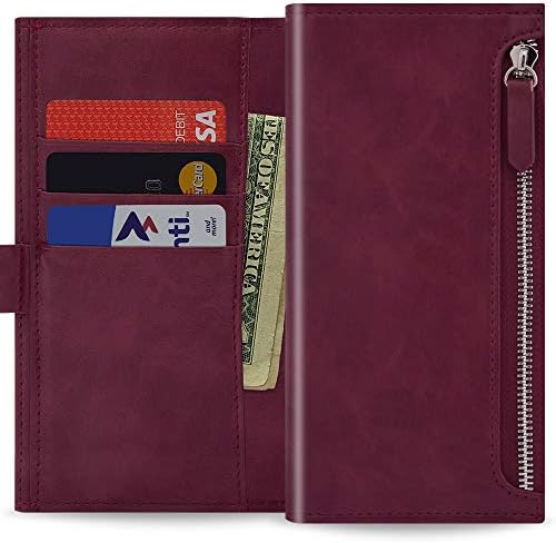 Qoosan Galaxy S10 Wallet Case [Zipper] Protective PU Leather Flip Cover with Card Holder & Zipper Pocket for Samsung Galaxy S10 (2019) - Wine