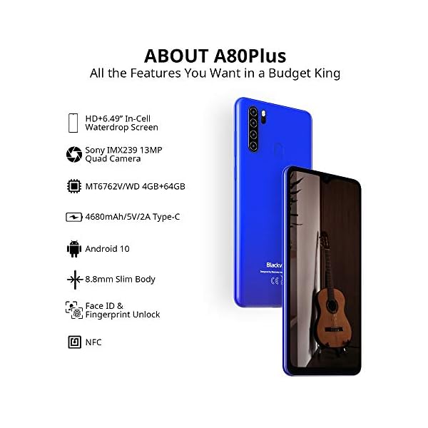 Mobile-Phone-Blackview-A80Plus-4G-Smartphone-SIM-Free-Phones-Unlocked-4GB64GB-Android-10-Phone-649-inches-Waterdrop-Screen13MP-Quad-Camera4680mAh-NFC-FaceFingerprint-Unlock-Blue Blackview Mobile Phone, A80Plus 4G Smartphone SIM Free Phones Unlocked, 4GB+64GB, Android 10 Phone, 6.49 Inches…