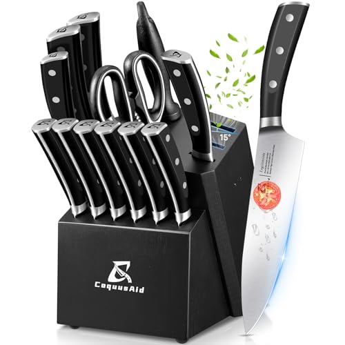 Photo 1 of Knife Set, Kitchen Knife Block Sets with Sharpener, 6 Steak Knife Set Serrated with Block, 15 PCS Forged German Stainless Steel Rust Proof Knives, Dishwasher Safe Black, New Beveled Design