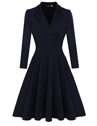 ACEVOG Women's Retro V Neck Navy Style Lapel Long Sleeve Party Swing Dress (XX-Large, Dark Blue)