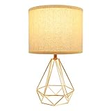Hong-in Modern Bedside Lamp, Gold Table Lamp with Metal Hollowed Out Base & Cream White Linen Fabric Shade Chic Design Nightstand Lamp for Bedroom/Living Room/Office/Study Room