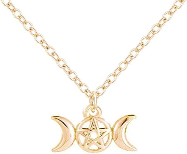 RUIZHEN Fashion 3 Colors Triple Moon Goddess Pendant Necklace Pentacle Pentagram Wiccan Jewelry