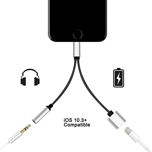 PHADEN- I Phone 7 / 7 plus Adapter, Compatible IOS 10.3, ATool 2 in 1 Lightning adapter and Charger,Lightning to 3.5mm Audio Earphone Cable - No Calling Function and Music Control (silver)