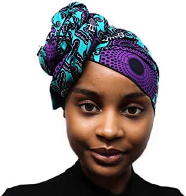 African Head Wrap | Head Scarf | Headband | Hijab | Turban | African Wax Print Fabric | Super Long length | Can Be Worn As A Neck Scarf (Turquoise, Purple, Black)