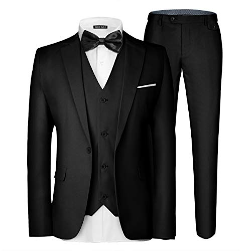 MAGE MALE Men's 3 Pieces Suit Elegant Solid One Button Slim Fit Single Breasted Party Blazer Vest Pants Set Black (Best Suits For Young Men)