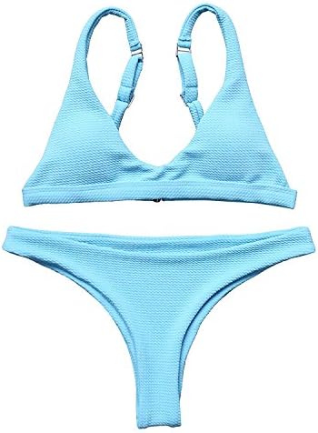 BOLLORY Women's Strap Bathing Suit 2pcs Bikini Set Padded Top Brazilian Bottom Swimsuit Blue Large