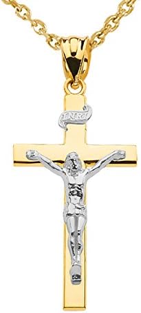 Solid 10k Two-Tone Gold Linear Cross INRI Crucifix Pendant Necklace