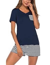 Lziizl Women 2 pc Pijama Set Rayas de manga corta con cuello en V Top Pantalones Ropa de dormir Pj Sets