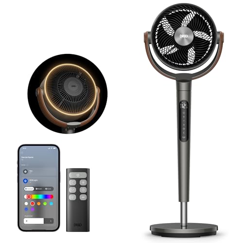 DREO Smart Fan For Bedroom, Standing Fans for Home, 120°+150° Oscillating Pedestal Fan Wi-Fi/Voice Control, 100ft 20db Quiet Circulator RGB Fan, DC Motor, 6 Modes, 12 Speeds, 37-42'' Adjustable Height