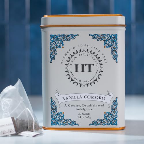 HARNEY & SONS TEA DECAFFEINATED, GREAT PRESENT IDEA, VANILLA COMORO, 1.4 OZ TIN (20 SACHETS)