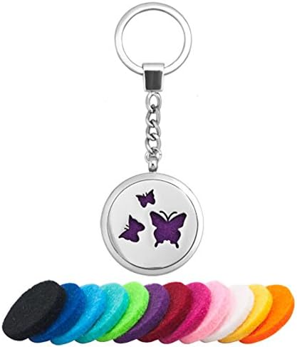 ThirdTimeCharm Butterfly Aromatherapy Essential Oil Diffuser Locket Keychain Key Ring Jewelry, 12 Refill Pads (Butterfly 2)