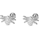 18G Tiny CZ Spider Stud Earring for Women 925 Sterling Silver Hypoallergenic Cute Small Crystal Animal Studs Cartilage Tragus 3.5mm Ball Screw Back 18G Piercing Ear Dainty Halloween Party Jewelry