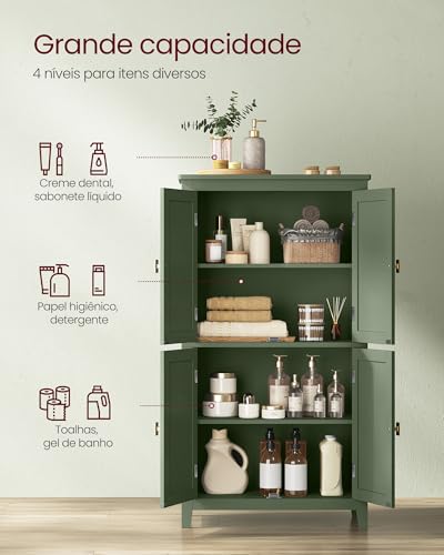 VASAGLE Armário para Banheiro, Armário de Cozinha Independente, com 4 Portas, Prateleiras Ajustáveis, 30 x 60 x 110 cm, Verde Floresta BRBBC552C01V1