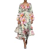 Women's V-Neck Maxi Dress Lantern Sleeve Belted Waist Floral Print Elegant Flowy Long Gown A-Line Party Wedding Dress