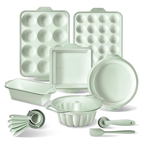 COOK WITH COLOR 17 Pc. Silicone Baking Pan Set - Non-Stick & Easy Clean Silicone Muffin Pans for Baking with Sturdy Metal Frame for Stability, Flexible Cake Molds, Includes Measuring Cups and Spoons