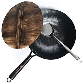 Carbon Steel Wok For Electric, Induction and Gas Stoves (Lid, Spatula and Seasoning Video Guide Included)