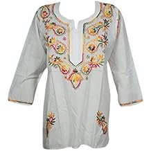 Mogul Interior Womens Pure Cotton Hand Embroidered Tunic, Top, Kurti, Blouse M