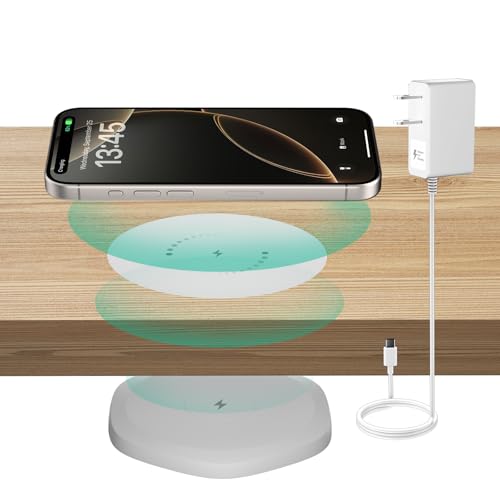 KPON Invisible Wireless Charger, 30mm Under Table Wireless Charger Mat,Furniture Desk Wireless Charging Station for iPhone 16/15/14/13/12/11/Google Pixel/Samsung/LG/Earbuds (with Adapter)-White