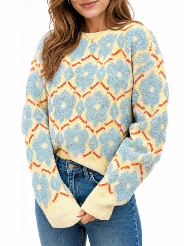 Saodimallsu Womens Floral Sweater Crewneck Long Sleeve Oversized Knit Casual Cute Fall Winter Pullover Sweaters Light Blue at Amazon