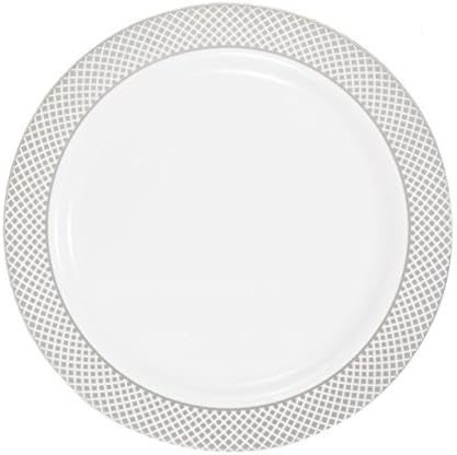 Kaya Collection - Disposable White with Silver Diamond Rim Plastic Round 7.5" Salad/Dessert Plates - 2 Pack (20 Plates)