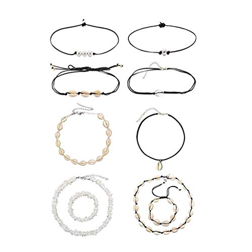 Shell And Pearl Choker And Bracelet Set 10 Pcs,Haluoo Boho Handmade Shell Pendant Choker Seashell Beaded Choker Minimalist Pearl Bead Necklace Puka Chip Shell Necklace And Bracelet Set (White)