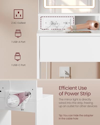 VASAGLE KAILYN Collection - Vanity Desk with LED Lights and Power Outlet, Makeup Vanity Table with Mirror, Modern Makeup Desk, Drawer, 2 Shelves, Cabinet with Adjustable Shelves, White URDT138W02