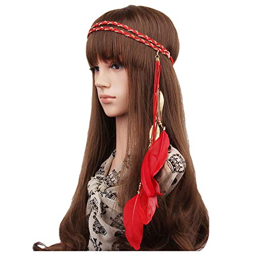 Feather Headband Hippie Indian Boho Hair Bands Tassel Bohemian Halloween Hair Hoop Women Ladies Crown Hairband Party Decoration Headdress Cosplay Costume Headwear Headpiece Hair Accessories Red - Thumbnail 7