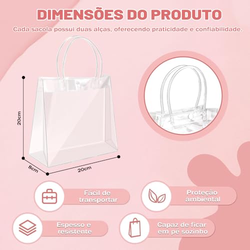 Gavzrt 20 * 20 * 8 cm Sacola de Presente Transparente PVC com Alça Reutilizável para Festas e Eventos - 50 Unidades