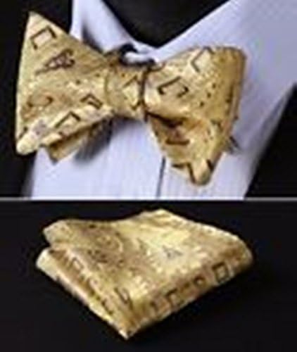 Mondaily DLC002Y Yellow Gold Brown Paisley Woven Men Silk Self Bow Tie Pocket Square set #PPTE4523