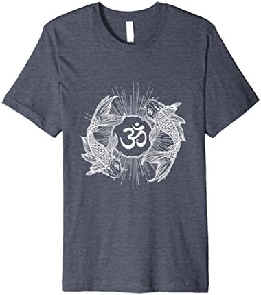 Mens Buddhism T-Shirt: Om Spiritual Symbol &amp; Exotic Gold Fishes Medium Heather Blue