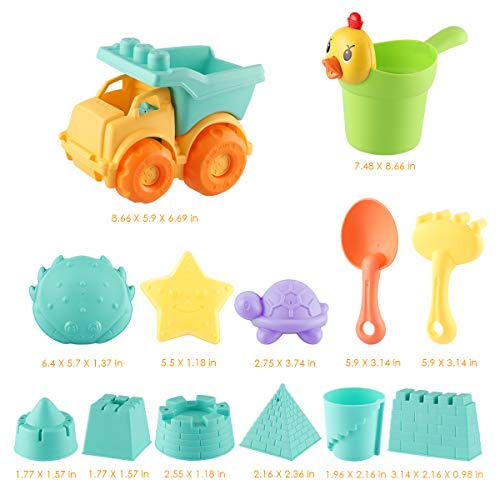 MINGPINHUIUS Toddlers Beach Toys Kids Beach Sand Toy Set with Dump Truck Duck Bucket and Mesh Bag Soft Plastic Material (13 pcs) - Thumbnail 2