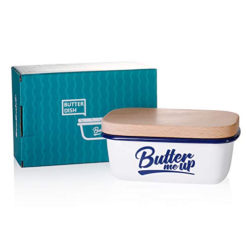 SveBake Butter Dish - Enamel Butter Boat with Beechwood Lid, Butter me up, White - Thumbnail 5