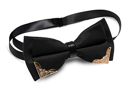 MENDENG Men's Gold Metal Burgundy Black PU Leather Satin Bow Ties Formal Bowtie - Thumbnail 6