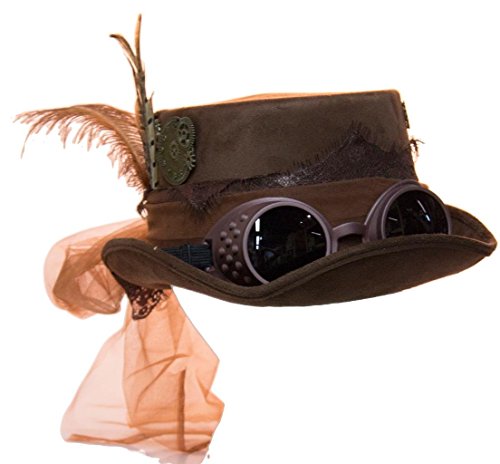 Deluxe Velvet 4.25 Inch Steampunk Top Hat with Removable Goggles (Brown)