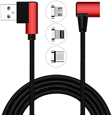 Magnetic Charging Cable, 90 Degree Right Angle USB Magnet Charger , 3 in 1 Nylon Braid Magnetic Charge Cord for iPhone Micro Type C (Red)