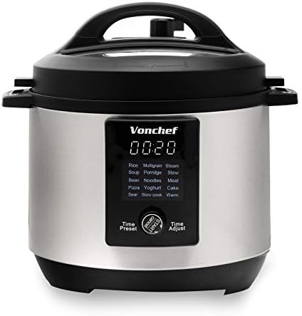 Vonchef 6 Litre 15-in-1 Multi Pressure Cooker Stainless Steel Electric Pressure Cooker 1000W w/LED Display Screen, Rice Cooker, Sauté, Steamer, Slow Cooker, Yogurt Maker & Food Warmer