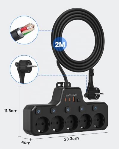 5-Fach Steckdosenleiste Flachstecker, Mehrfachsteckdose mit USB C PD20W