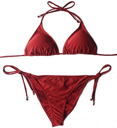 Women Two Piece Halter Padded Top Tie Side Bottom Triangle Bikini Bathing Suit
