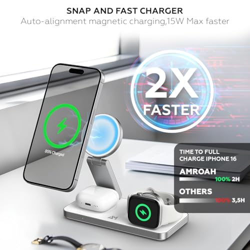 AMROAH Foldable 3 in 1 Wireless Charging Station for Apple Compatible with Magsafe Charger Stand, Magnetic Wireless Charger Station for iPhone 17 16 15 14 13 12, Airpods Pro, Apple Watch (White)