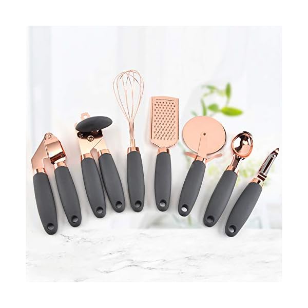 7 Pc Kitchen Tools and Gadgets Copper Coated Stainless Steel, Peeler, Stainless Steel Can Opener, Ice Cream Spoon, Pizza Cutter, Melon Paner, with Soft Touch Grey Handles