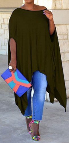 Women\'s Solid Color Loose Plus Size Poncho Cape Top Blouse Dress Army Green M