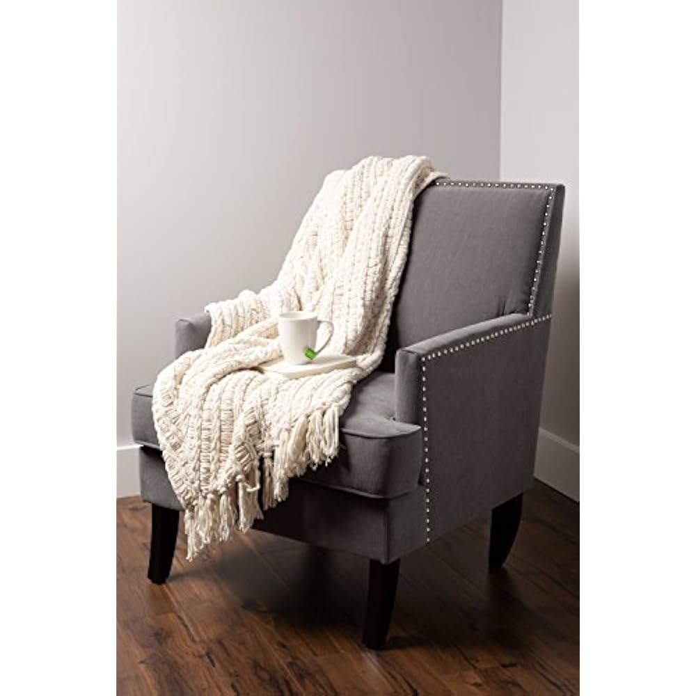 Luxury Chenille Woven Knitted Throw Blanket With Fringe (50x60" Cream