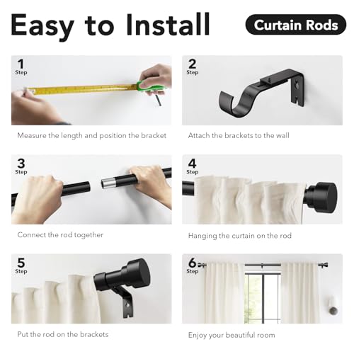 IFELS Heavy Duty Curtain Rods for Windows 66 to 120 Inch,1 Inch Adjustable Black Curtain Rod with Easy Installation and Modern Design,Decorative Long Drapery Rods with Metal Finials (A1,Black,30-120")