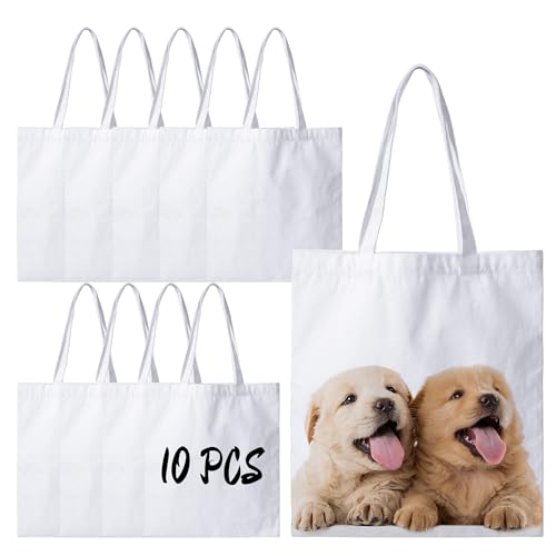 Joyclub 10 Pack Canvas Tote Bags Bulk Sublimation Blanks Tote Bags Polyester Medium Reusable Grocery Cloth Shopping Bags for Heat Transfer Tie Dye Advertising Painting Crafting DIY Gift