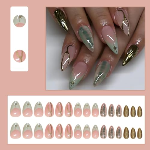 24 Pcs Fall Winter Press on Nails Short Almond - YEFIUO Pink Fake Nails Press ons Green French Nail Art Tip Full Cover Acrylic Glossy False Nails Glue on Nails Kit with Starburst Line Design for Women - Image 2