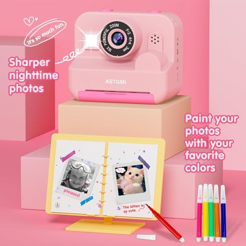 ASTGMI Children's Instant Camera, 2.4 Inch 1080P Children's Selfie Camera with Printing Paper and 32GB Card, Toy Christmas Gift Boy and Girl 3 4 5 6 7 8 Years (Pink)