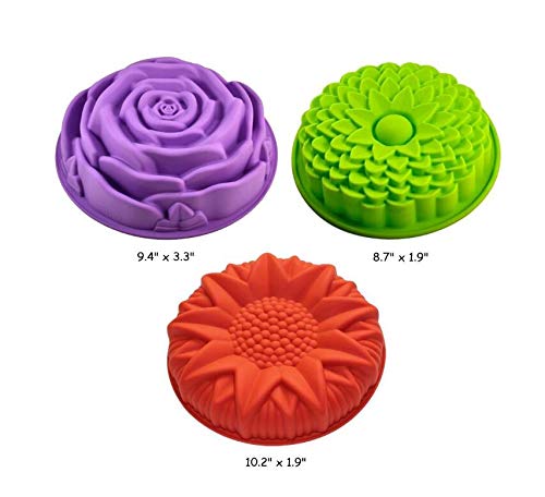Efivs Arts 3 Pack Non-Stick Flower Shape Silicone Cake Pans Bread Pie Flan Tart Jello Molds for Birthday Party