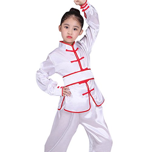 KINDOYO Unisex Boys Girls Kids Classic Long Sleeve Martial Arts Suits Performance Tai Chi Clothing Kung Fu Uniform, White-red